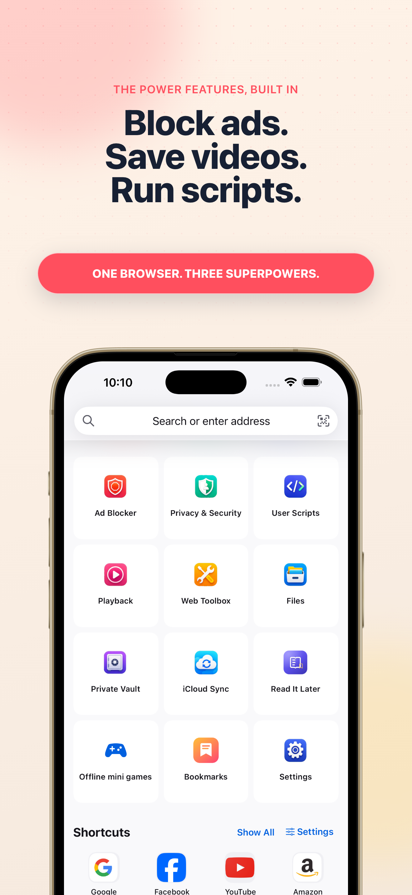 Pivit home screen with quick access to ad blocking, privacy, userscripts, playback, files, and more